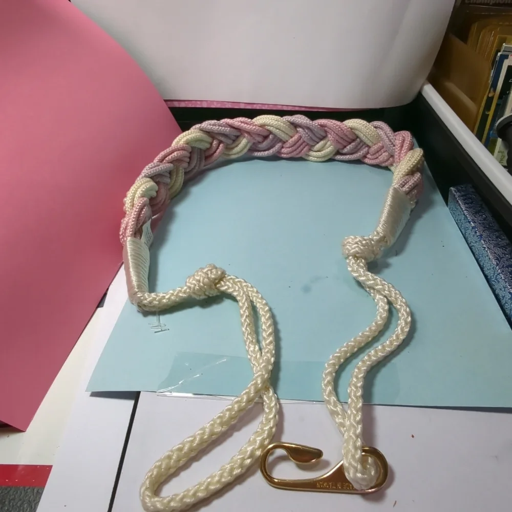 Vtg 80s Macramé Braided Belt Sz M/L Cream Lilac Pink Faux Pearls Romantic Boho